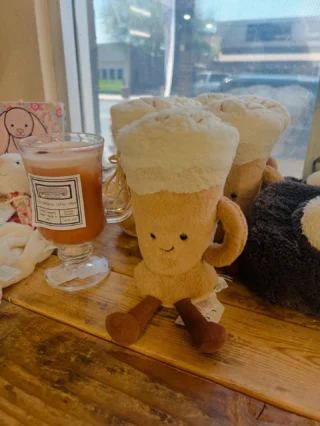 Available now!  Jellycat amusable ＬＡＴＴＥ!  We also just got the most adorable Penguin Pouch, and the Blossom Berry comforter.  We’re open till 5pm, 2029 McCulloch Blvd.  Come see us!  #ourshabbyshacklhc #jellycat #shoplocal